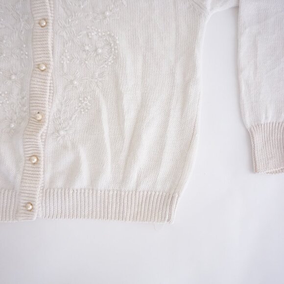 Vintage Dana Scott Ivory Knit Cardigan Pearl Beaded Romantic Old Money Sweater M - Picture 5 of 10